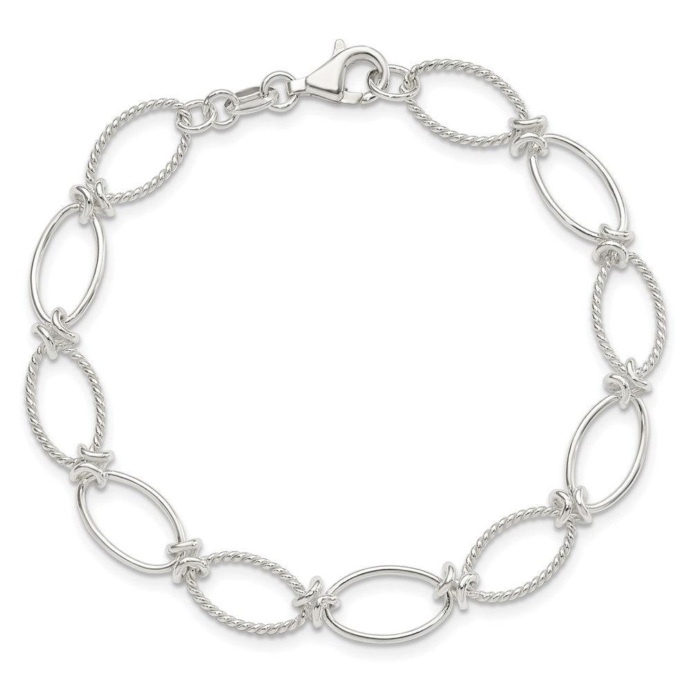 Sterling Silver Polished Textured Fancy Oval Link Bracelet 7.5 inches