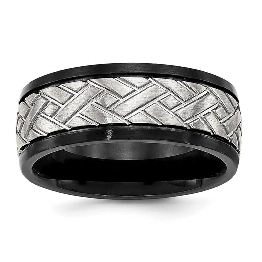 Stainless Steel Brushed Black IP-plated 8mm Grooved Band Size - 12.5