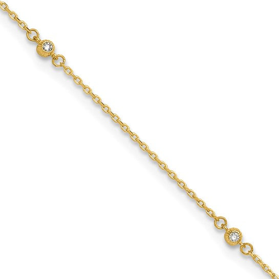 14K Polished CZ 5 Station 9in with 1 in ext. Anklet