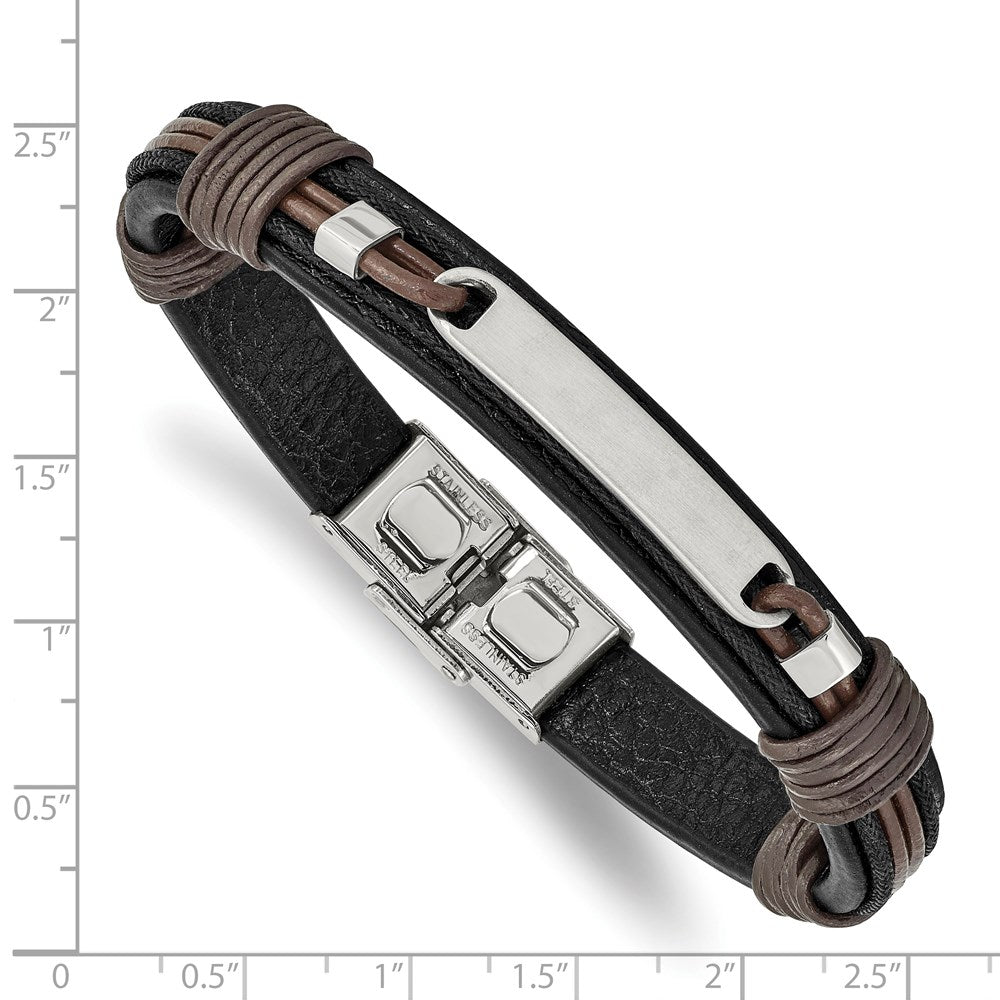 Stainless Steel Polished Black and Brown Leather 8.25in Bracelet 8.25 inches