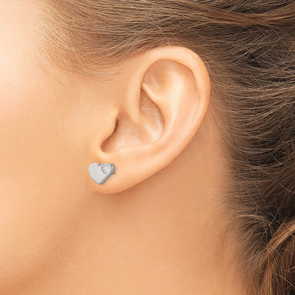 Stainless Steel Polished w/CZ Heart Post Earrings