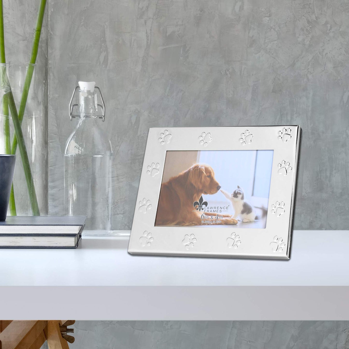 4x6 Silver Metal Dog or Cat Picture Frame - Paw Print Pet Design
