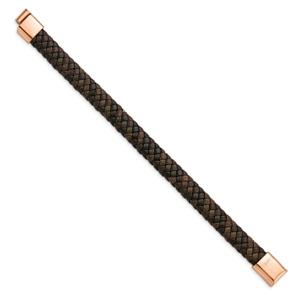 Stainless Steel Polished Rose IP Braided Brown Leather 8.5in Bracelet 8.5 inches
