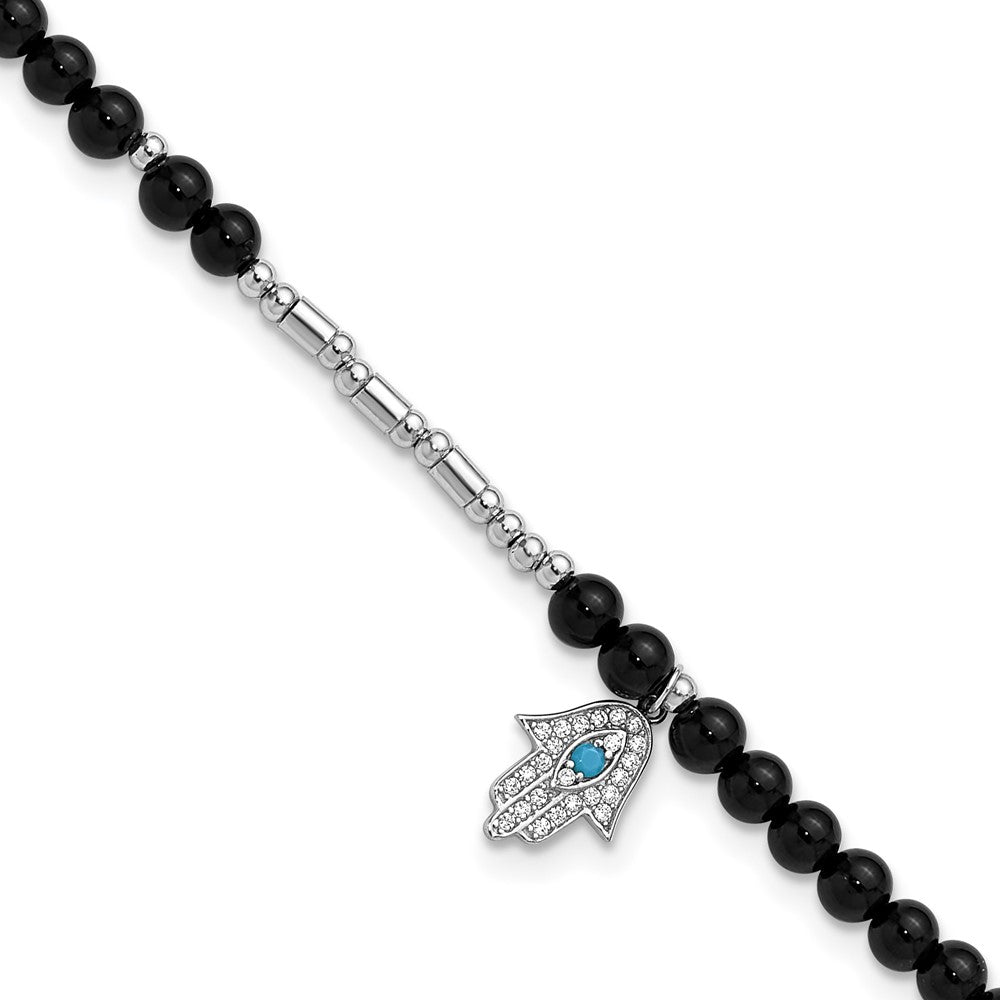 Cheryl M Sterling Silver Rhodium-plated Polished Onyx Crystal and CZ Hamsa 9.5 Inch with 1 Inch Extension Anklet 9.5 inches