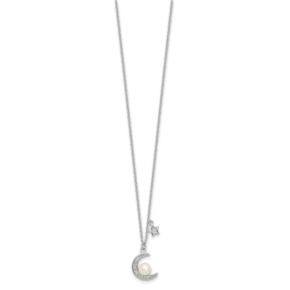 Sterling Silver Rhod-plated CZ and FWC Pearl Moon and Star 18in Necklace 18 Inches