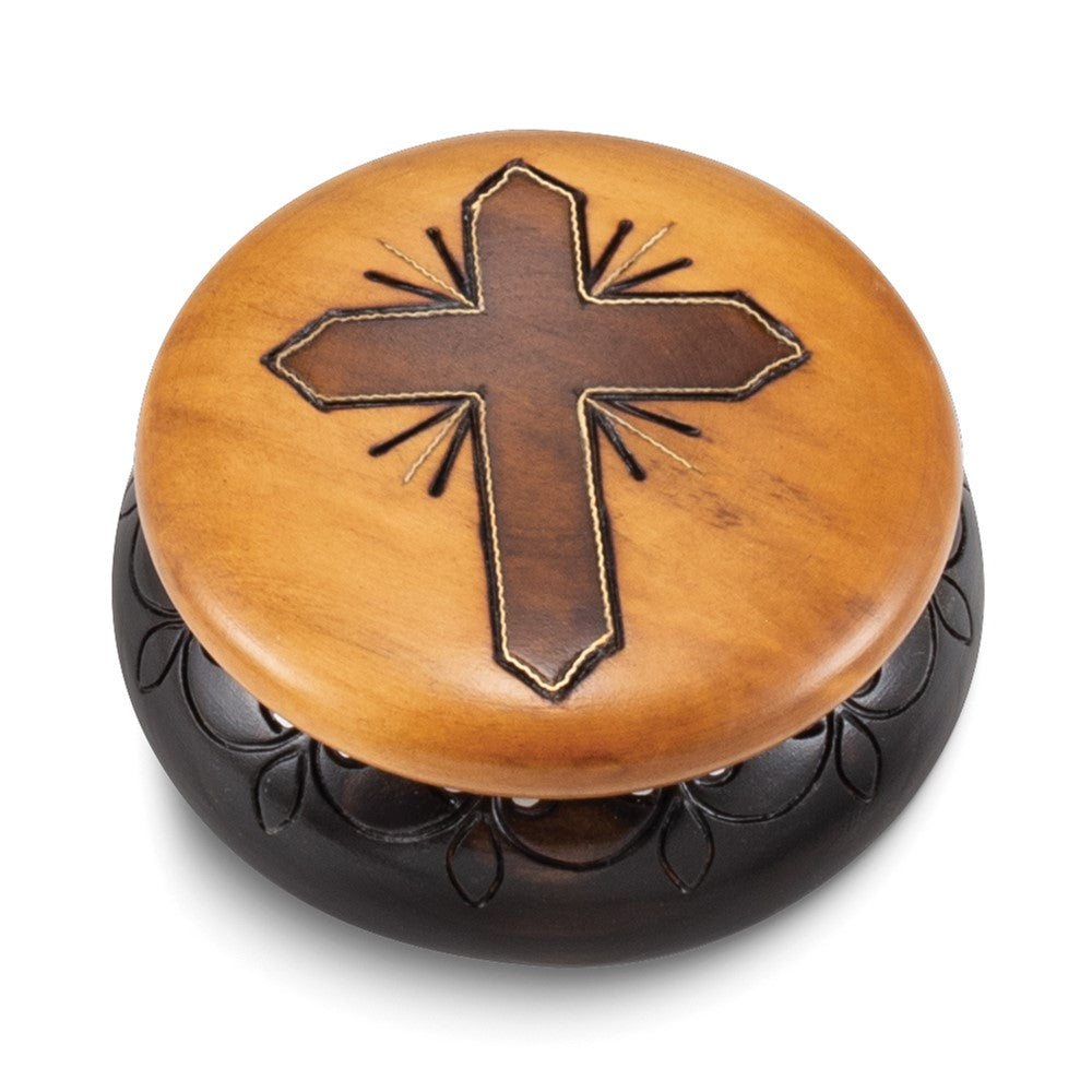 Round Cross Handcrafted Carved and Painted Wooden Keepsake Box
