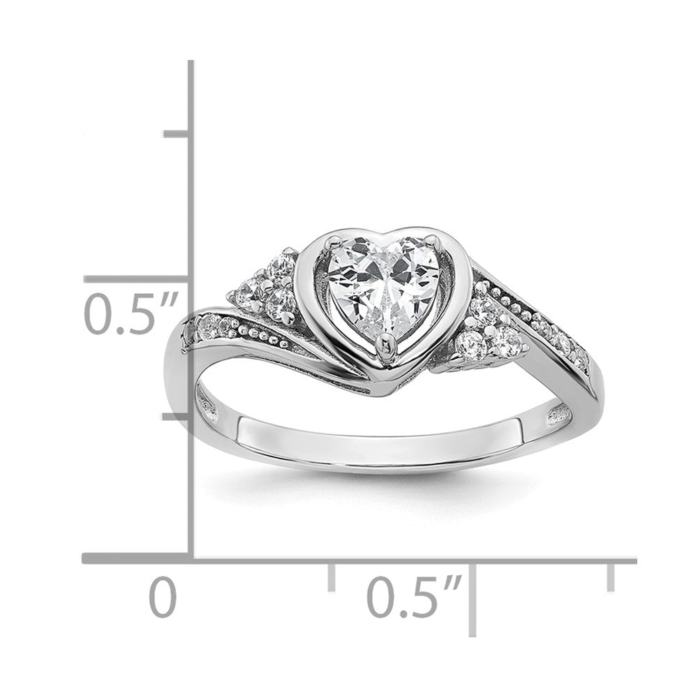 Sterling Silver Rhodium-plated Polished Fancy CZ Center Heart Size 6 Ring
