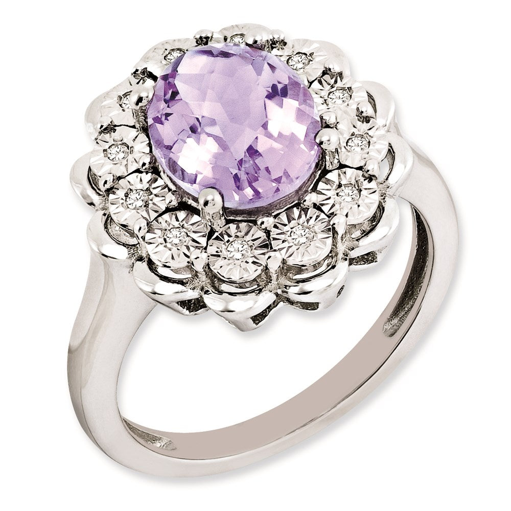 Sterling Silver RH-plated Diamond & Oval Checker-Cut Pink Quartz Ring