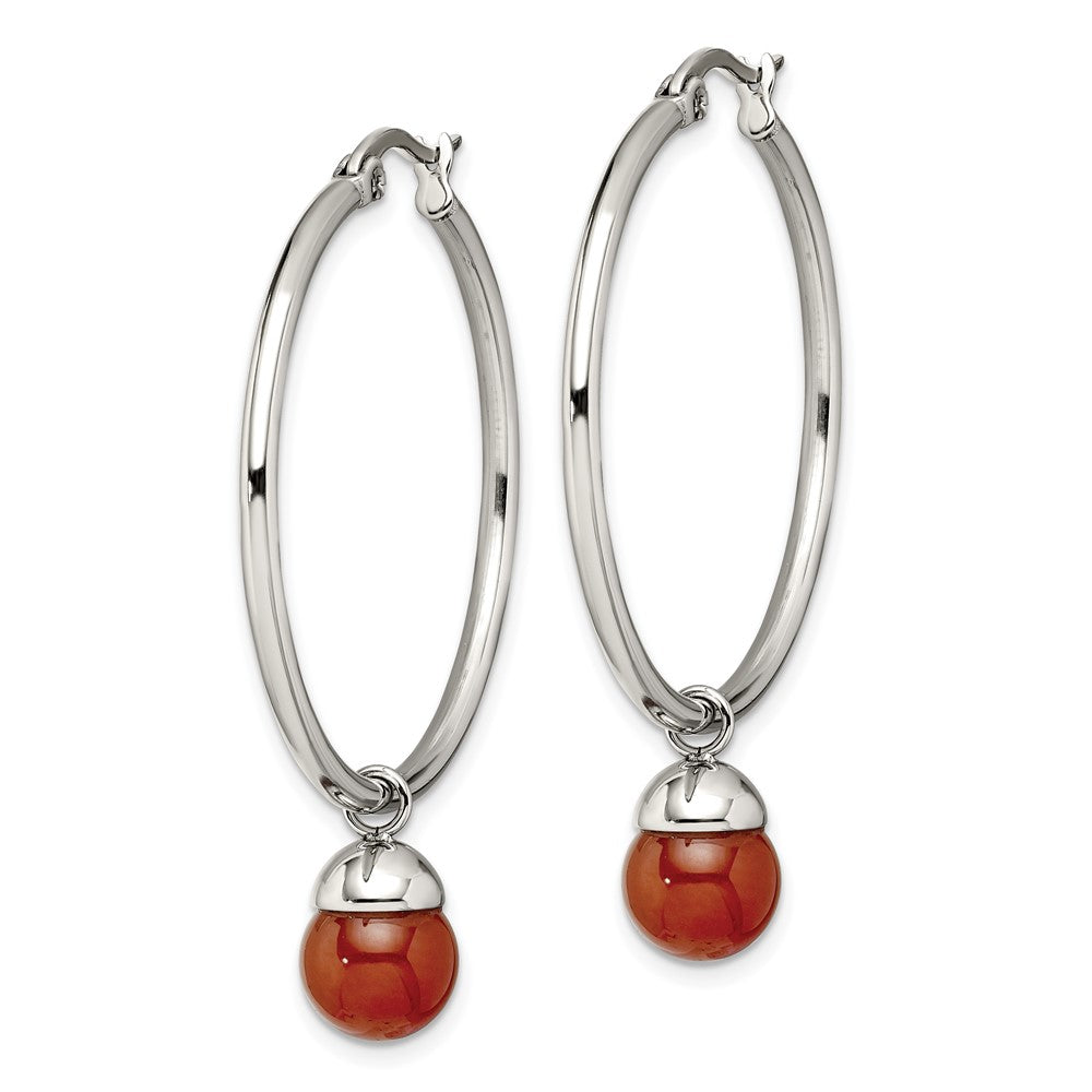 Stainless Steel Polished w/Red Agate Bead Hoop Earrings
