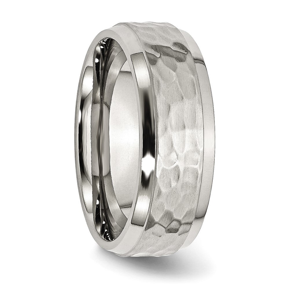 Stainless Steel Brushed Polished and Hammered 8mm Beveled Edge Band Size - 12.5