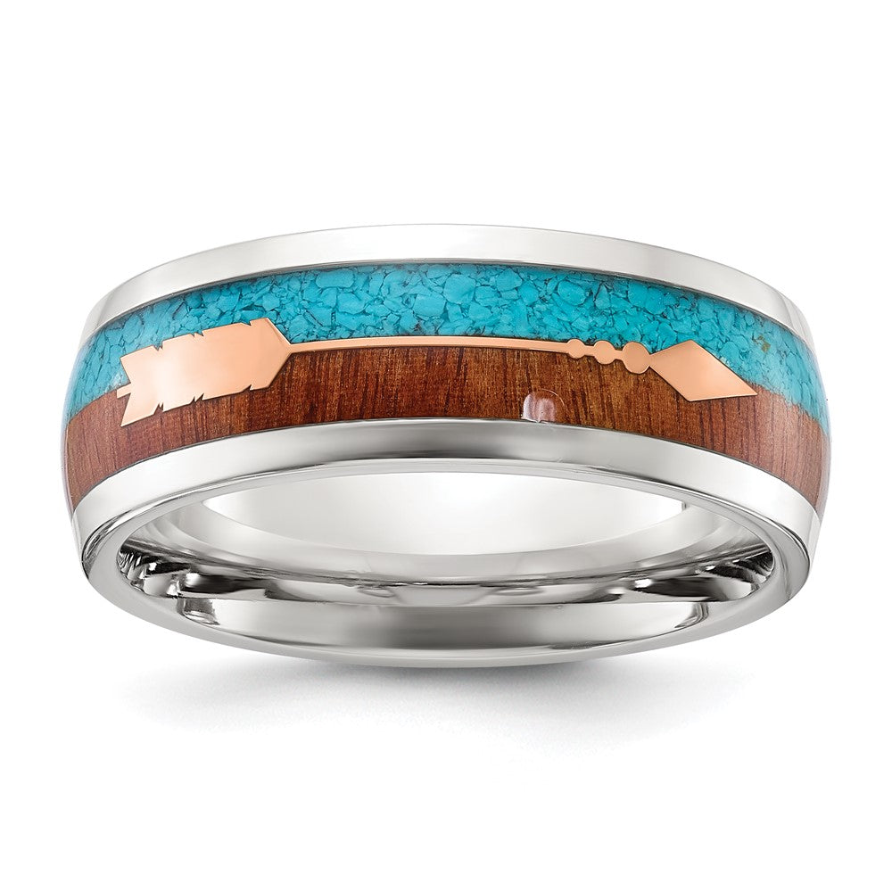 Chisel Stainless Steel Polished Arrow with Turquoise and Wood Inlay 8mm Band Size - 11