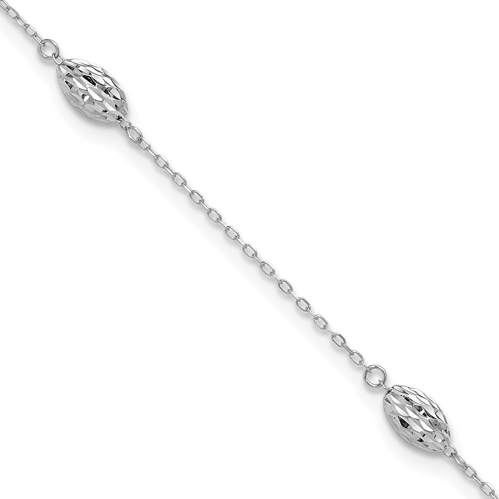 14k White Gold Puffed Rice Bead 9in Plus 1in ext. Anklet 9 inches