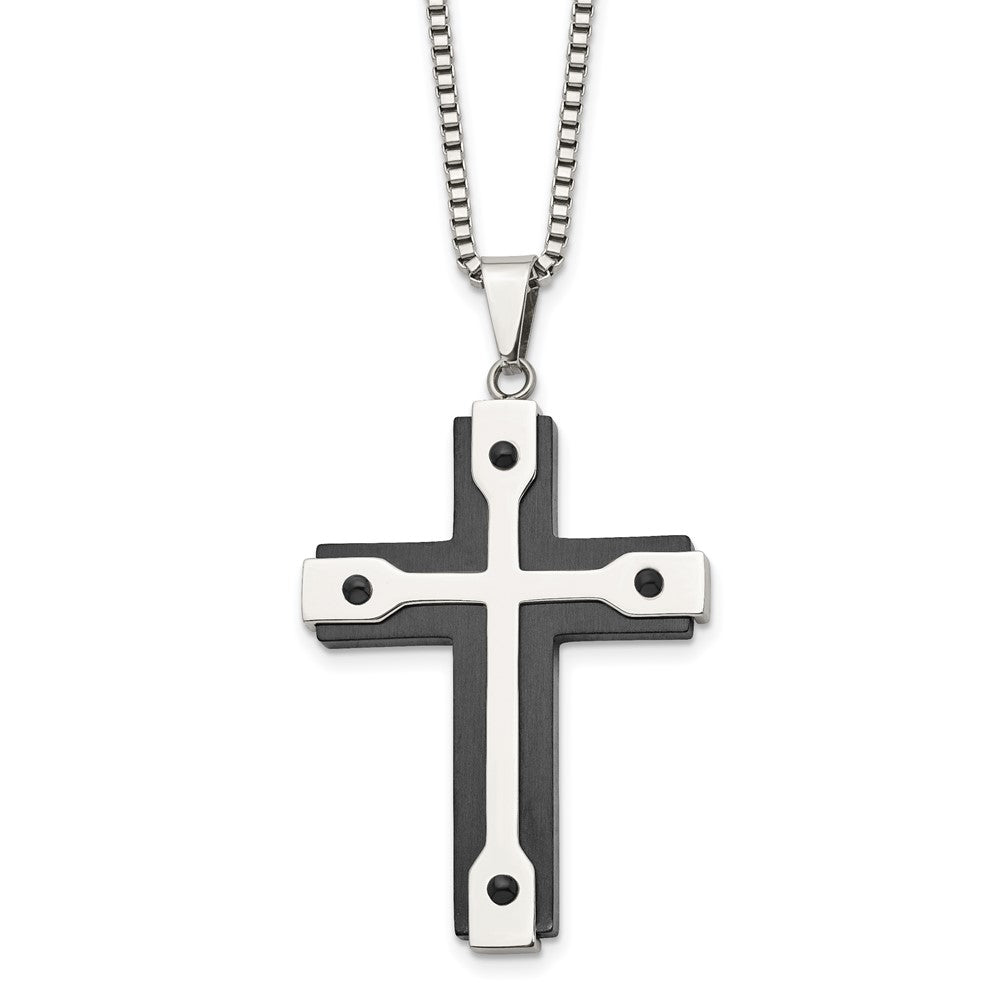 Stainless Steel Brushed and Polished Black IP-plated Cross 22in Necklace