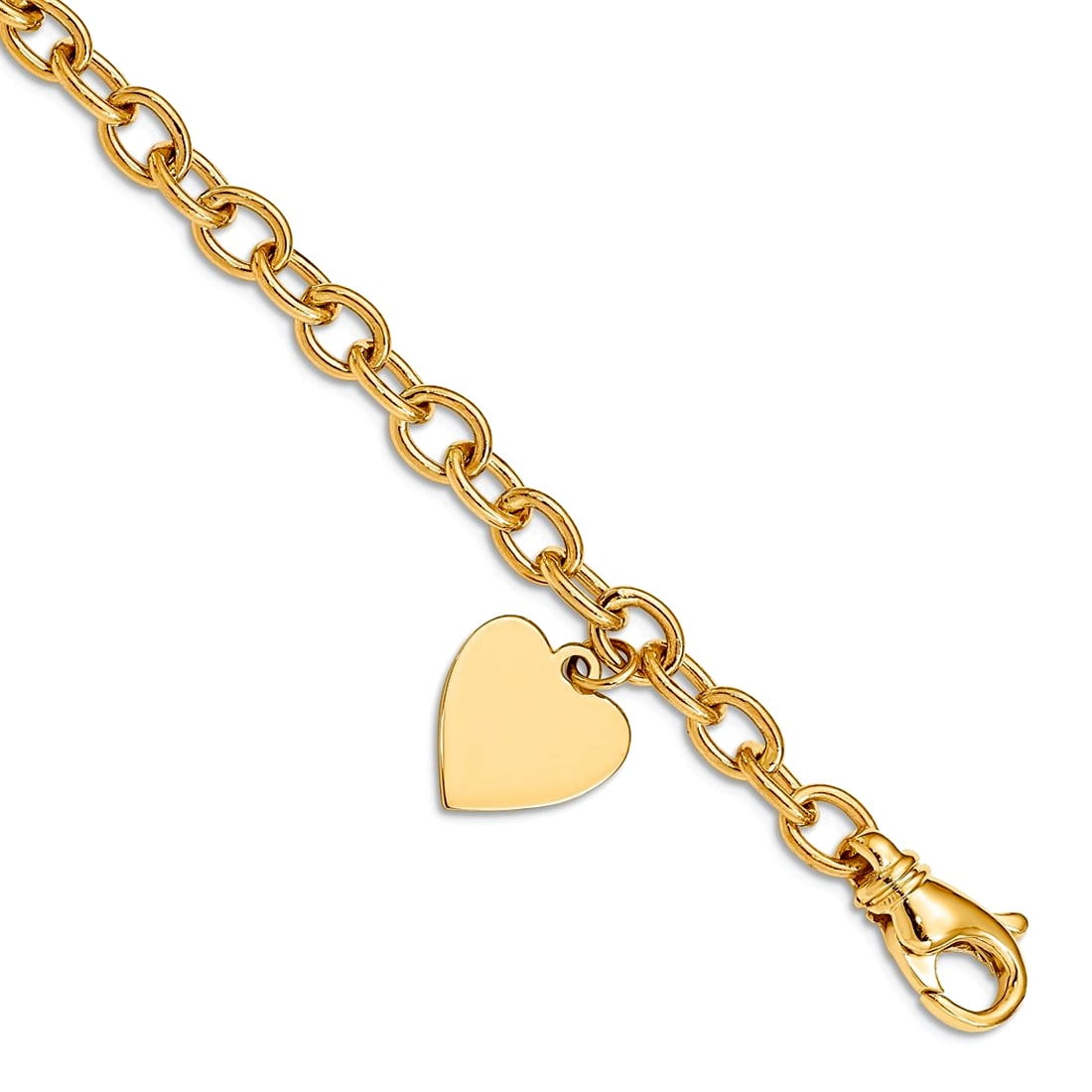 14k Engravable 19x13mm Solid Dangle Heart Charm and Solid Polished Link 7.5 inch Bracelet
