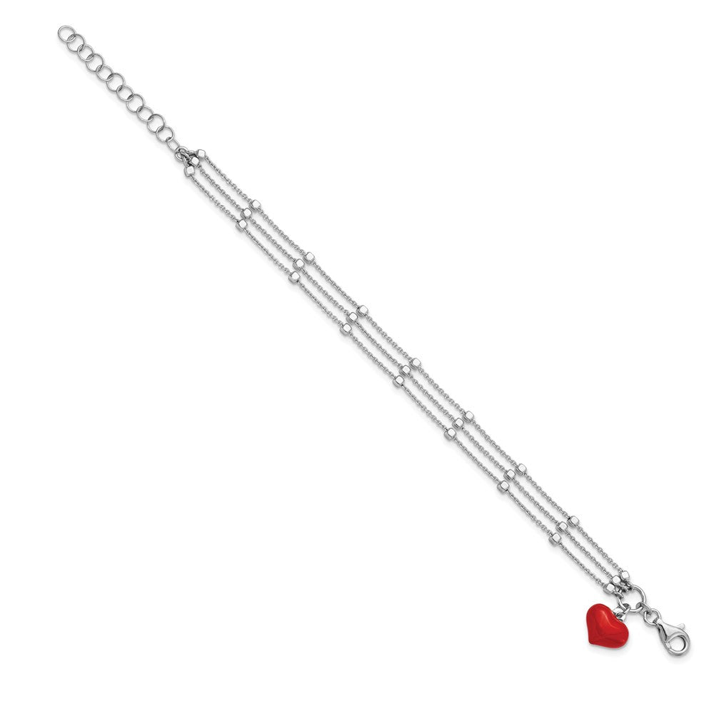 Sterling Silver Rhod-plated Enameled Red Heart w/ 2in ext Bracelet