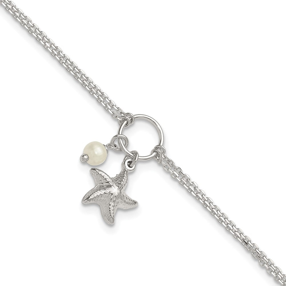 Sterling Silver Polished Freshwater Cultured Pearl with 3D Starfish Double Strand 9 inch with 1 inch Extension Anklet