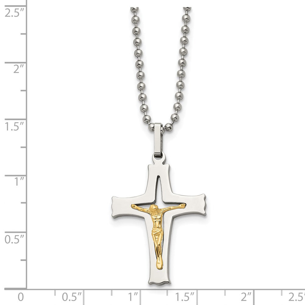 Stainless Steel Polished w/14k Gold Accent Crucifix 22in Necklace