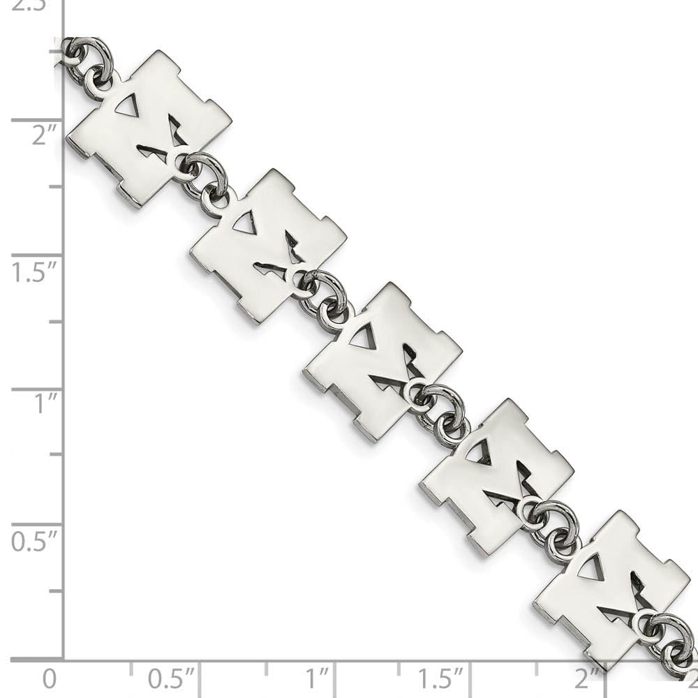 Stainless Steel LogoArt University of Michigan Letter M Link 6.5 inch Bracelet with 1.5 inch Extender QST515UM