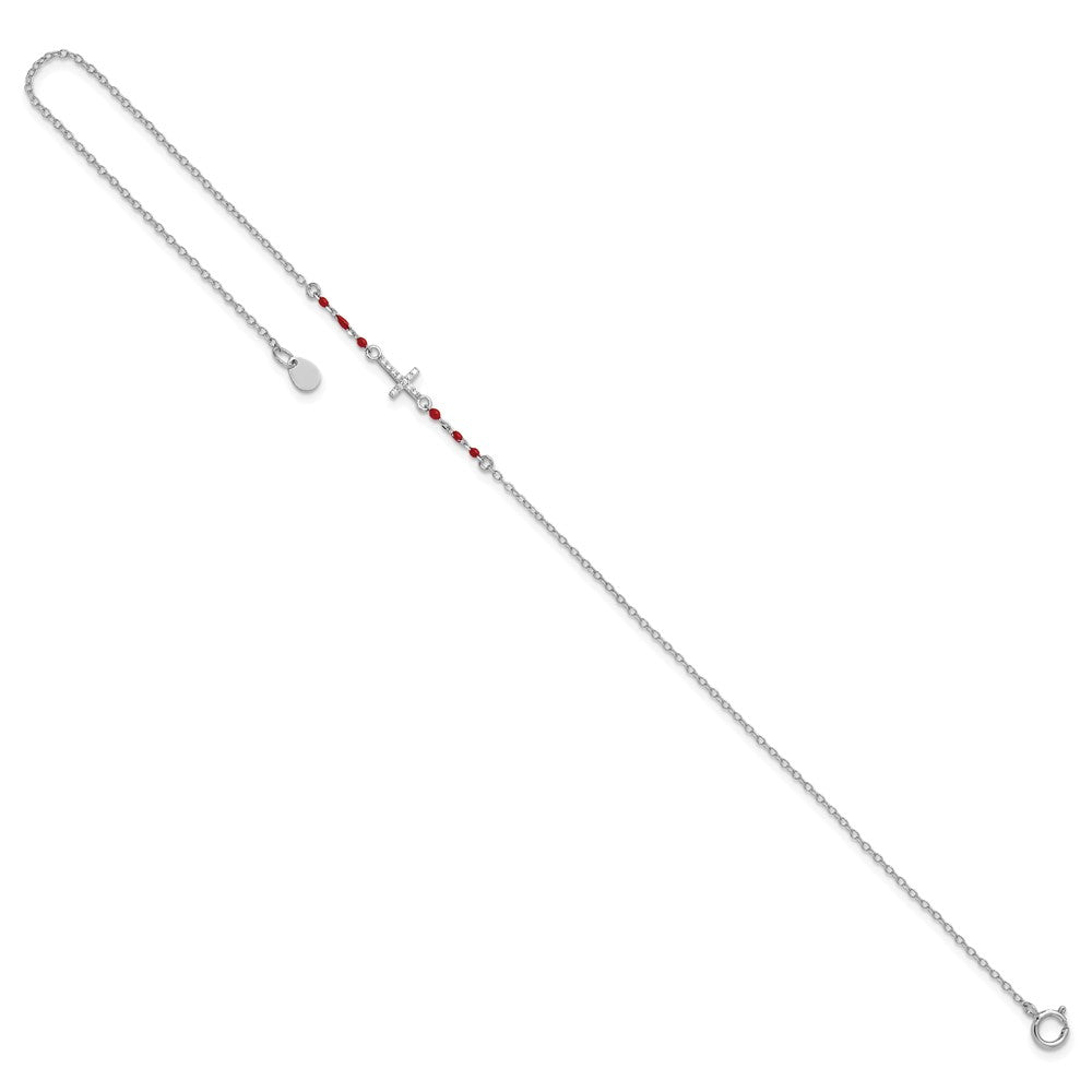 Sterling Silver Rhodium-plated Polished CZ Red Enamel Bead Cross Anklet 10 inches