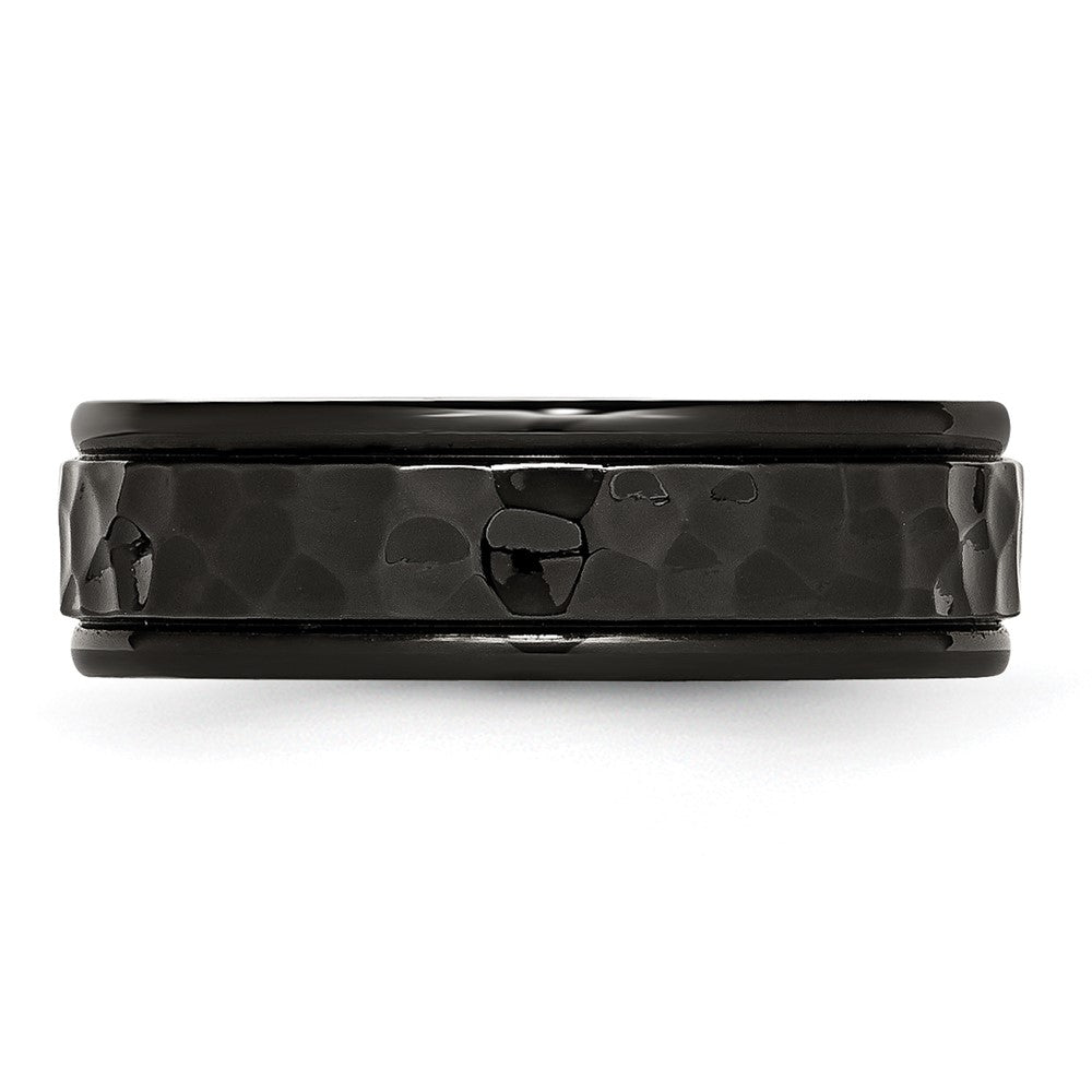 Stainless Steel Polished and Hammered Black IP-plated 7mm Band Size - 11