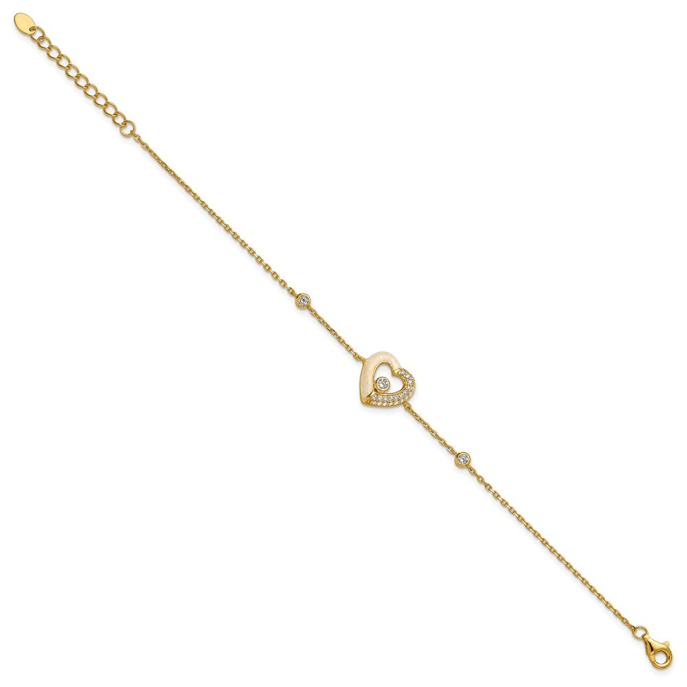Sterling Silver Gold-tone Polished CZ and Champagne Enamel Open Heart 7 inch with 1 inch Extension Bracelet 7.25 inches
