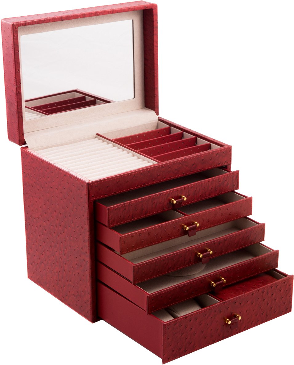 Bey-Berk International BB589RED Red Ostrich Leather Jewelry Chest