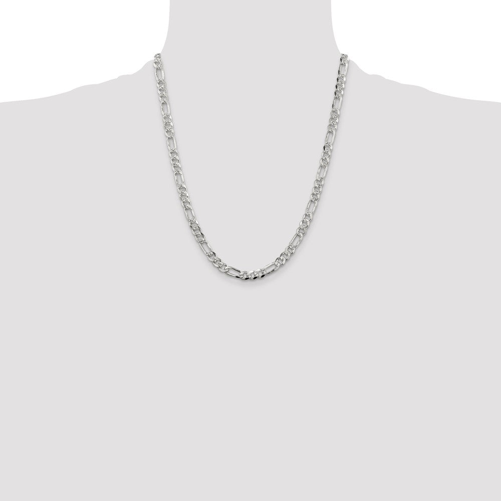 Sterling Silver 5.5mm Pav‚ Flat Figaro Chain 22 Inches