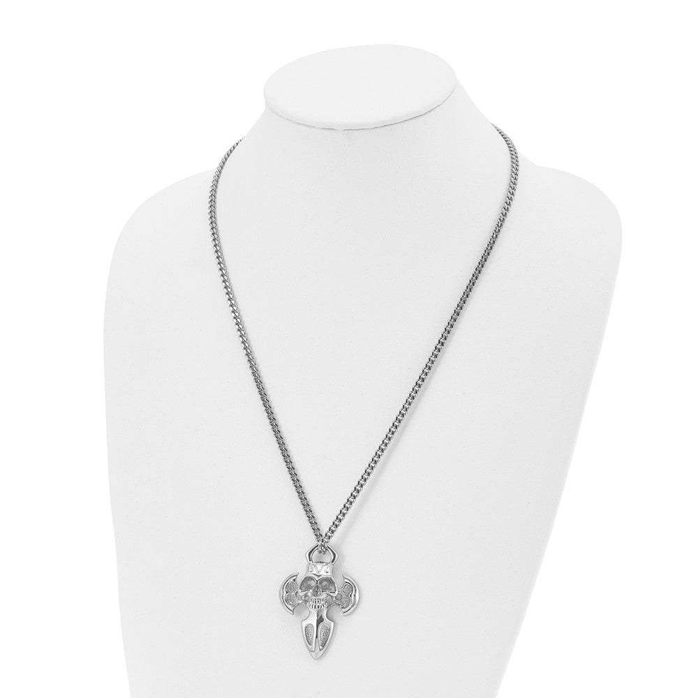 Stainless Steel Polished Cross with Skull 24in Necklace