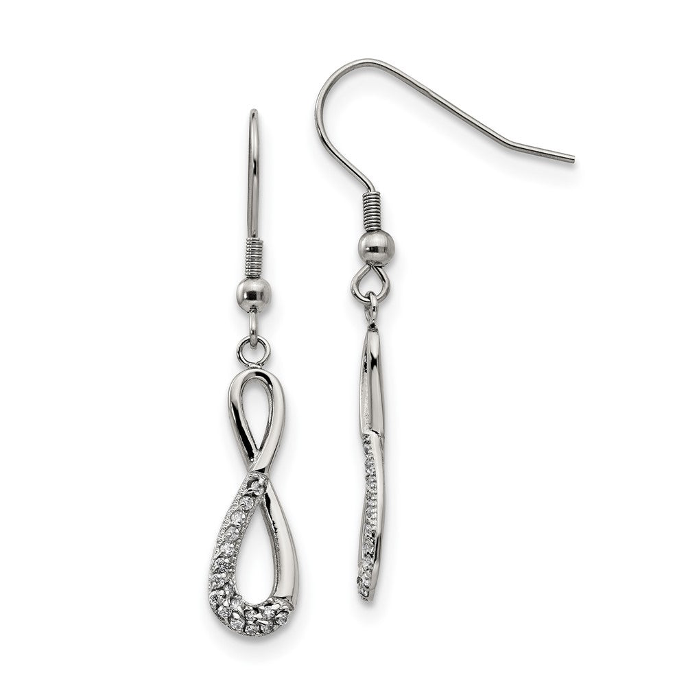 Stainless Steel Polished w/CZ Infinity Dangle Shepherd Hook Earrings