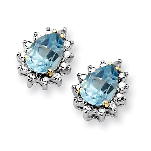 Brilliant Gemstones Sterling Silver with 14K Accent Rhodium-plated Sky Blue Topaz and Diamond Post Earrings