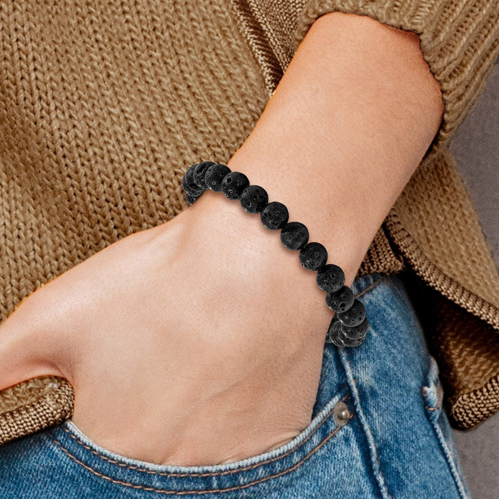 Stainless Steel Polished Black IP-plated Lava Rock Beaded Stretch Bracelet