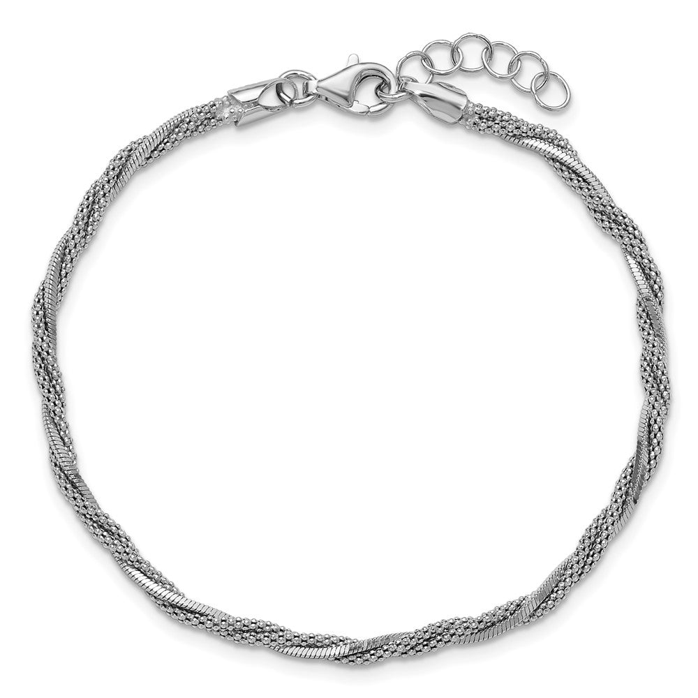 SS RH-plated Polish/Texture Braided w/ .75in ext. Bracelet 7.75  inches