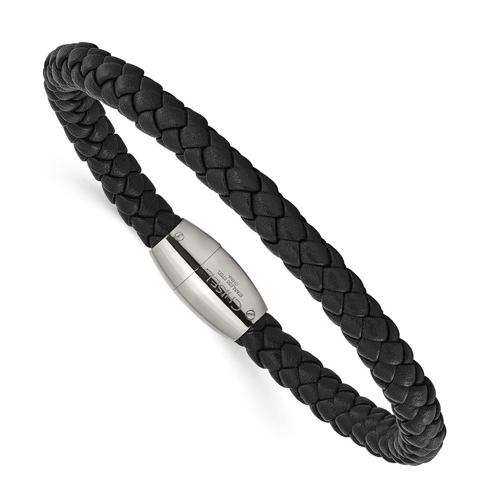 Stainless Steel Polished Black Leather 8.5in Bracelet 8.5 inches