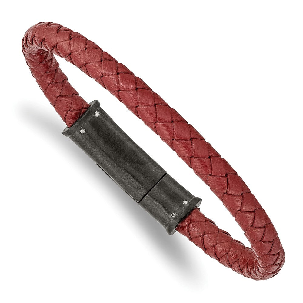 Stainless Steel Brushed Black IP-plated Red Leather 8.5in Bracelet 8.5 inches