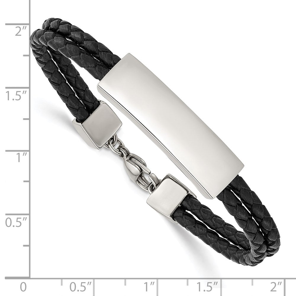 Stainless Steel Polished Black Leather 2 Strand 7in ID Bracelet 7 inches