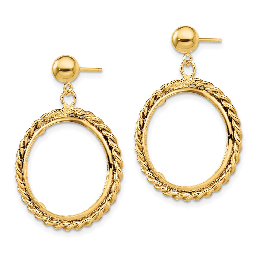 Wideband Distinguished Coin Jewelry 14k Polished Twisted Wire 17.8mm Prong Coin Bezel Post Dangle Earrings