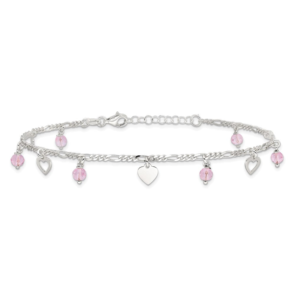 Sterling Silver Pink Glass Beads and Polished Hearts 9 inch Anklet with 1 inch extension 9 inches
