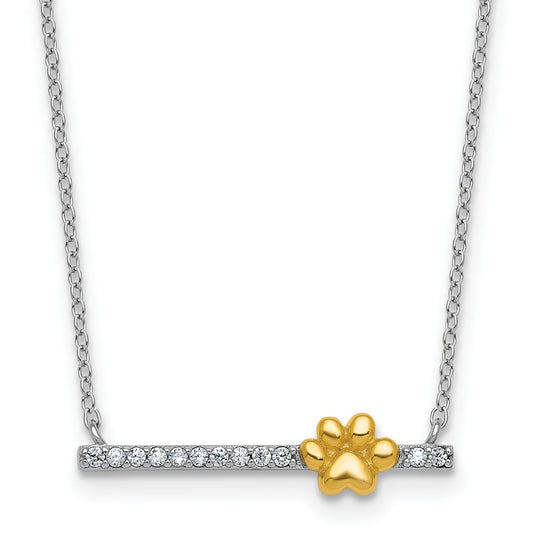 SS RH-pltd and Gold-tone CZ Paw Bar 16in w/2in Ext Necklace 16 Inches