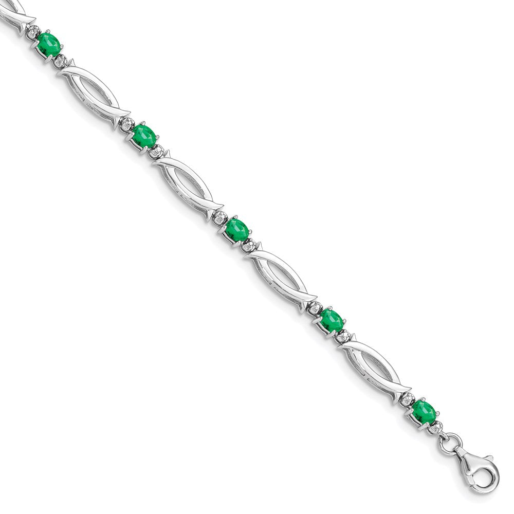 Sterling Silver Rhodium-plated Emerald and Diamond Bracelet 7 inches