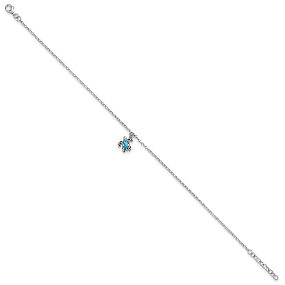 Sterling Silver Rhodium-plated Polished and Antiqued Blue Crystal Turtle 9 inch with an 1 inch Anklet