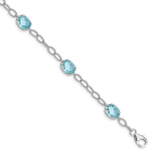 Sterling Silver Rhodium-plated Aqua Blue CZ Textured Link Bracelet 7.5 inches
