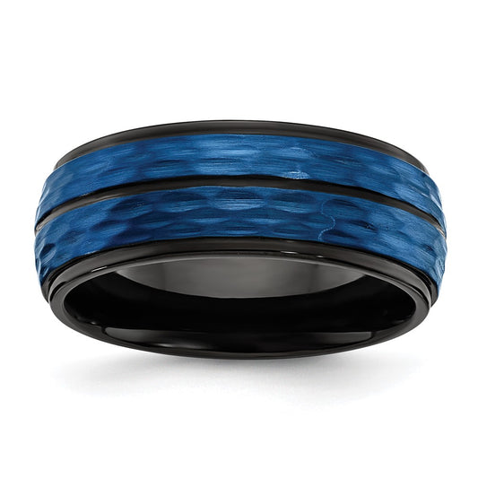 Stainless Steel Brushed and Polished Black/Blue IP-plated 8mm Band Size - 13