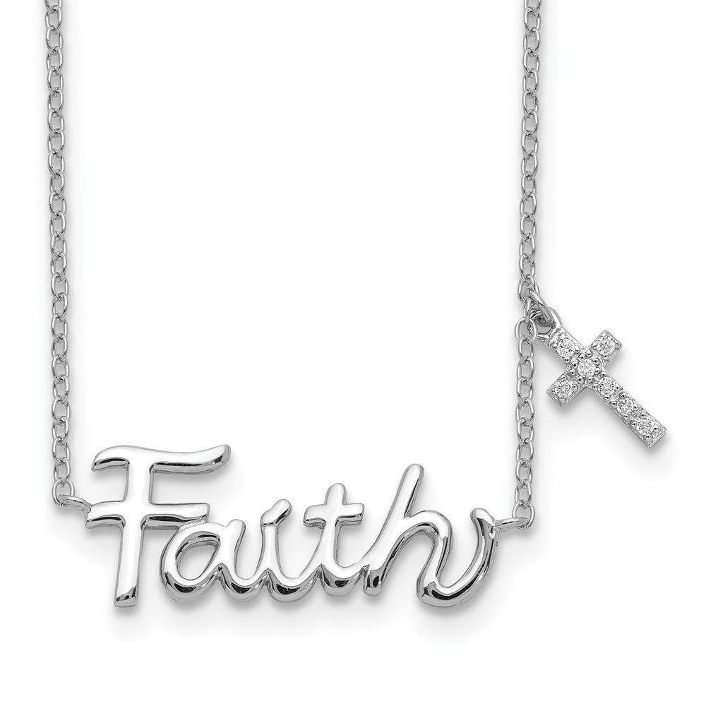 Sterling Silver Rhodium-plated FAITH w/CZ Cross Charm Necklace 18 Inches