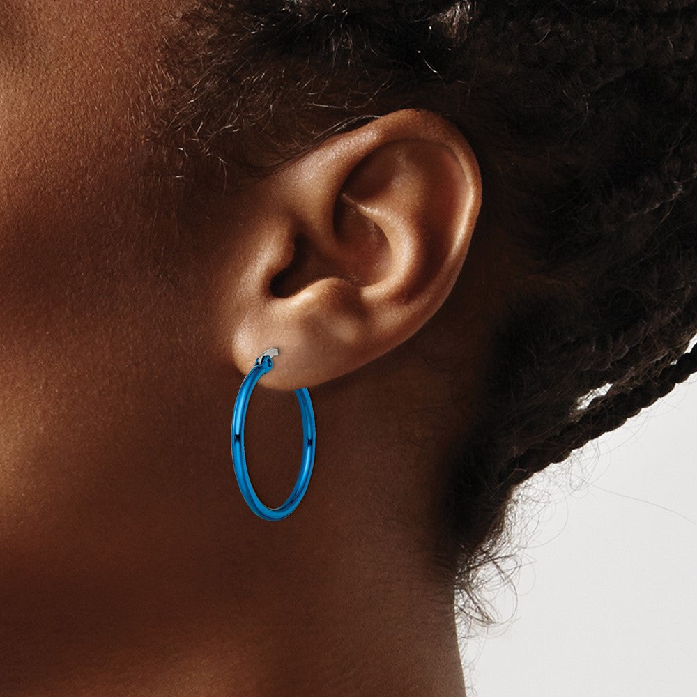 Stainless Steel Polished Blue IP-plated 26mm Diameter Hoop Earrings