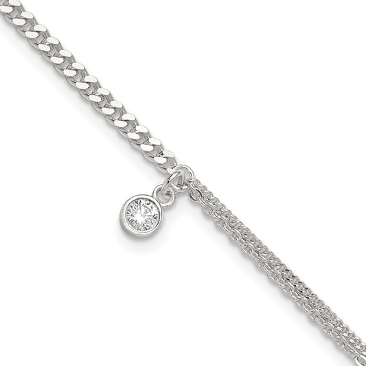 Sterling Silver CZ Fancy Chain 9in Plus 1in Ext. Anklet 9 inches