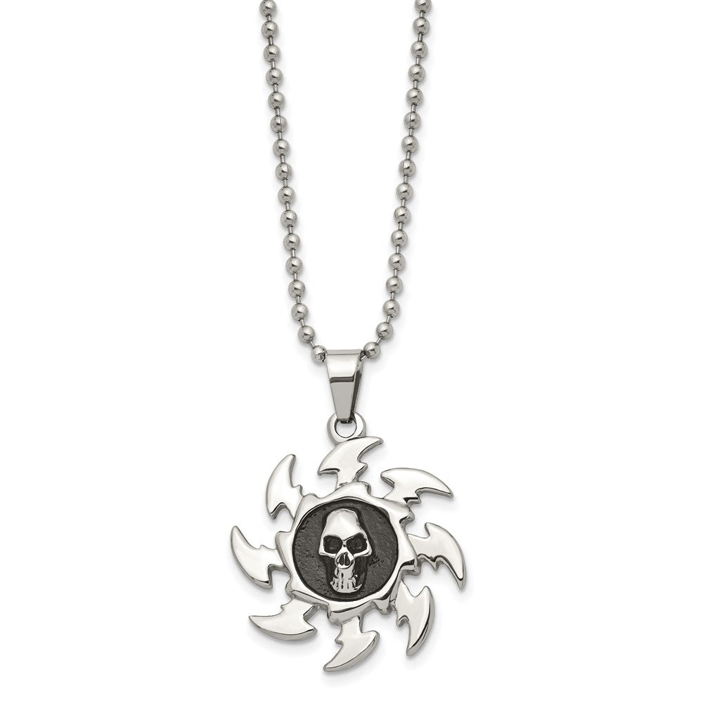Stainless Steel Antiqued and Polished Saw Blade w/ Skull 24in Necklace
