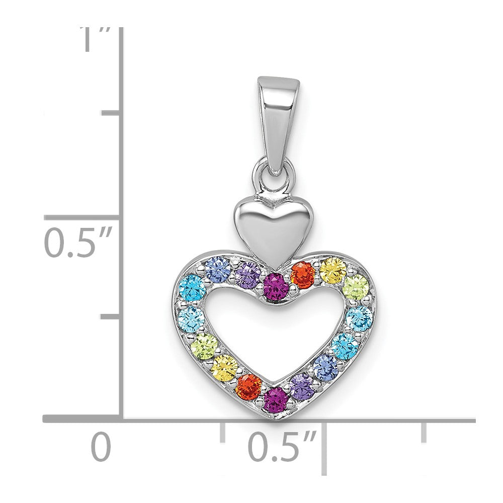 Sterling Silver Rhodium-plated Polished Rainbow CZ Double Heart Pendant