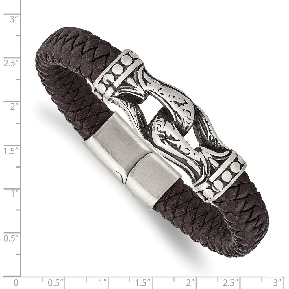Stainless Steel Antiqued & Polished Dark Brown Faux Leather 8.5in Bracelet 8.5 inches