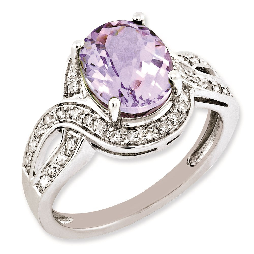Sterling Silver Rhodium-plated Diamond & Checker-Cut Pink Quartz Ring