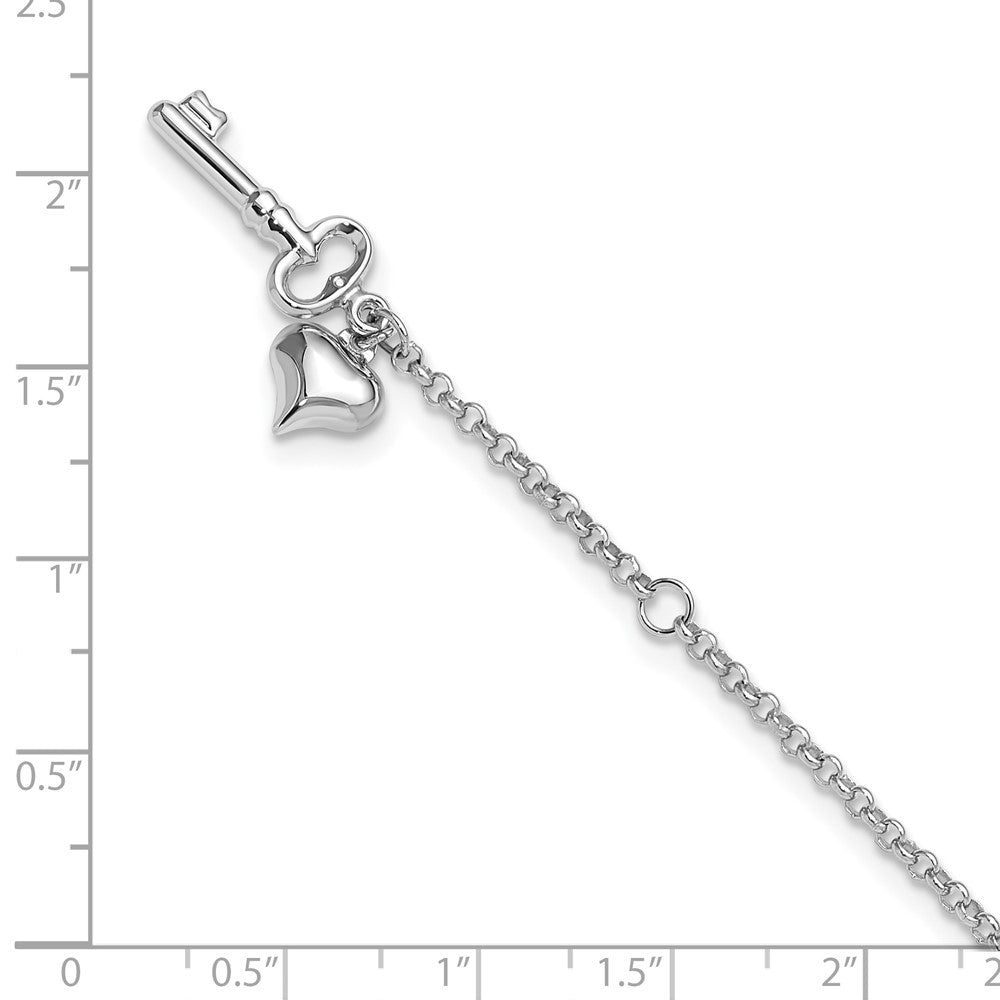 10k White Gold Adj Polished Puffed Heart Key 9in Plus 1in ext. Anklet